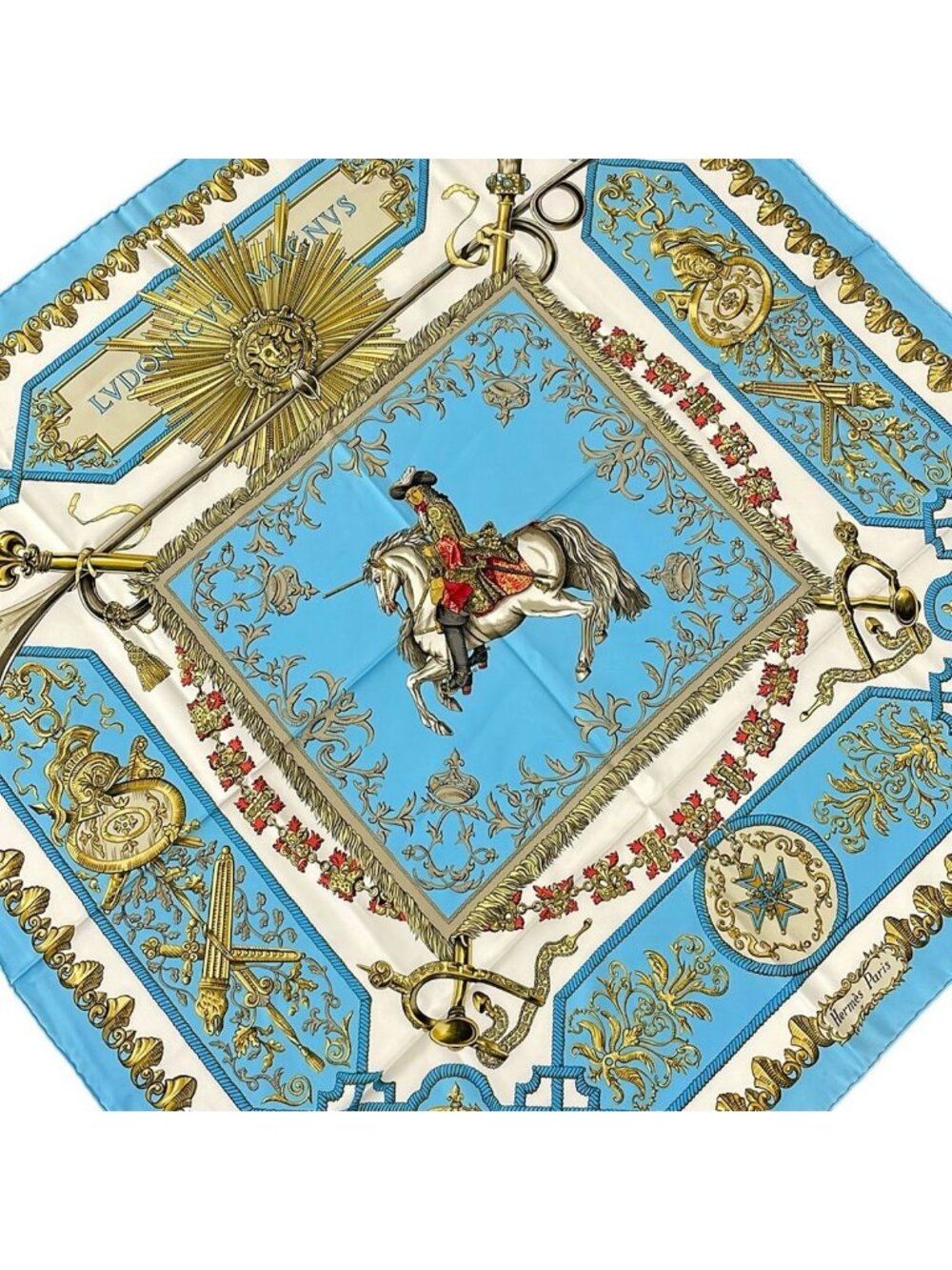 Hermes Scarf Carre 90 Light Blue Ivory Multi LV Dovicvs Magnvs Horse